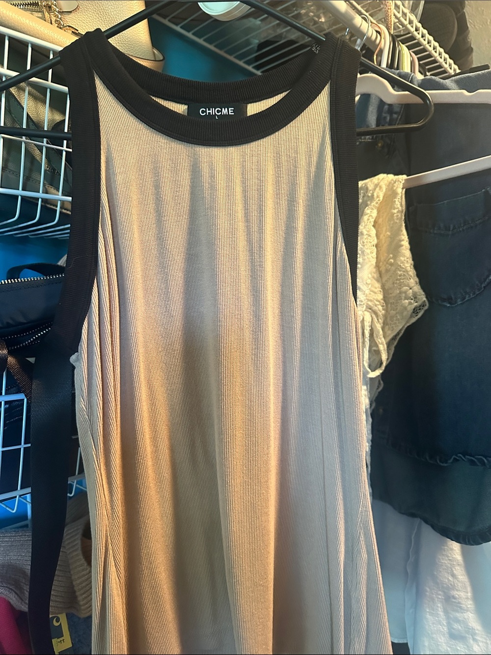 chic Beige Ribbed Tank with Black Trim